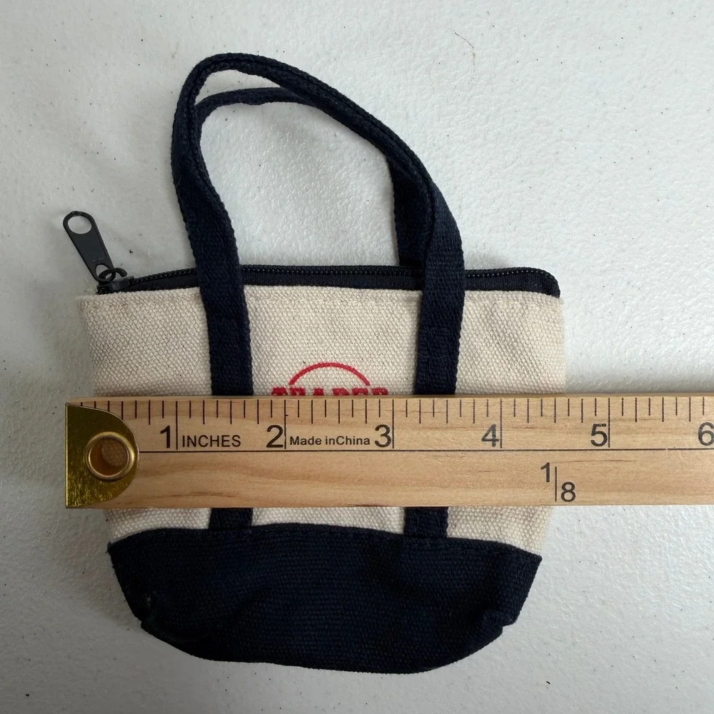 Trader Joe's Mini Canvas Tote Bag Coin Purse Navy Blue Cream Small Zipper Pouch